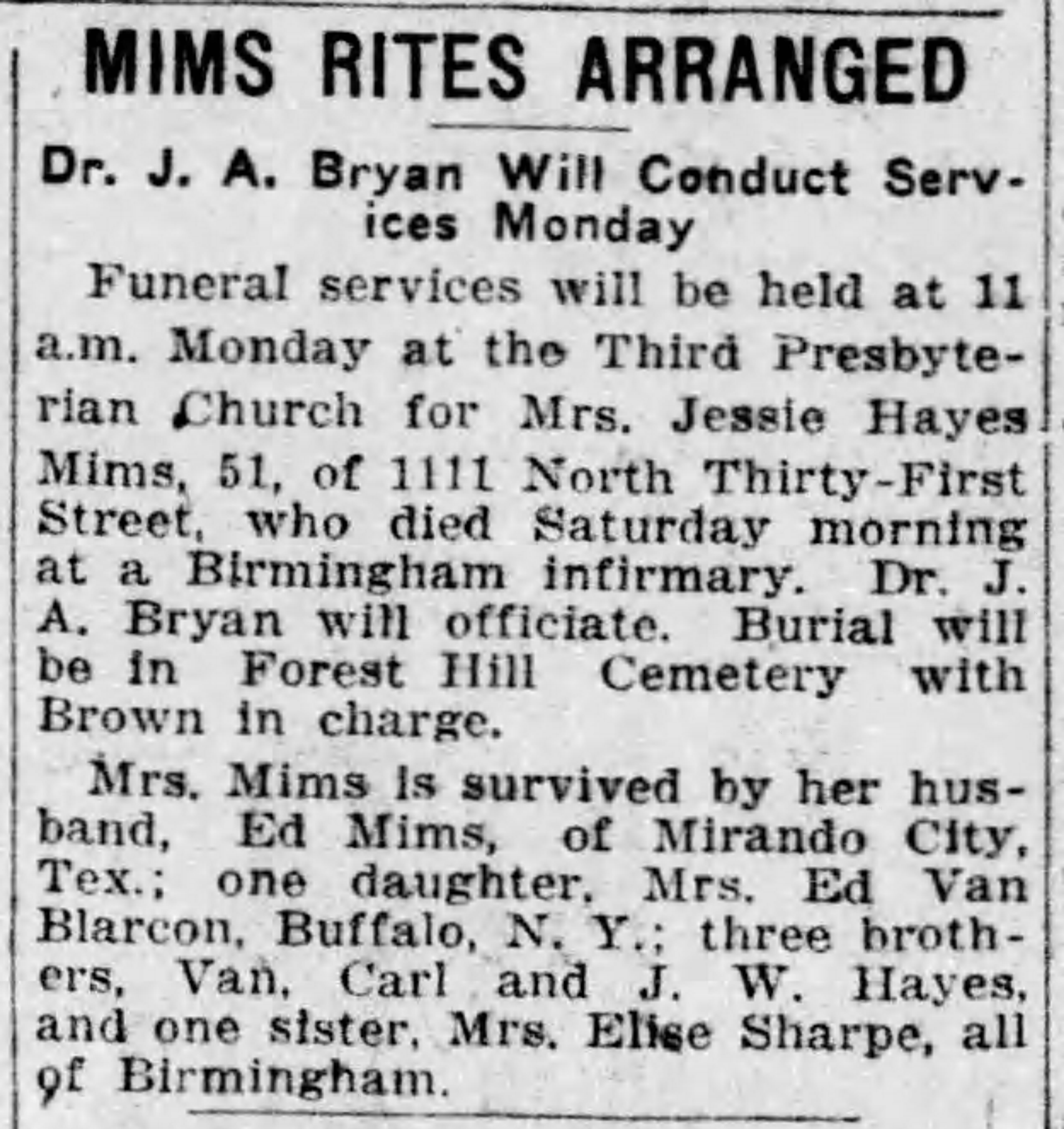 Jessie Hays Mims obituary